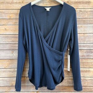 Caslon Top Women’s Size Medium Blue Faux Wrap Ribbed Long Sleeve V-Neck NWT
